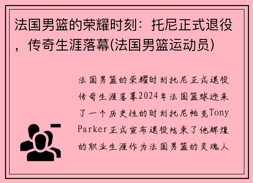 法国男篮的荣耀时刻：托尼正式退役，传奇生涯落幕(法国男篮运动员)